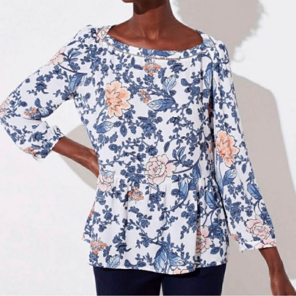LOFT Floral Peplum Blouse Size L White Boat Neck Long Sleeve Cutout Detail Hem